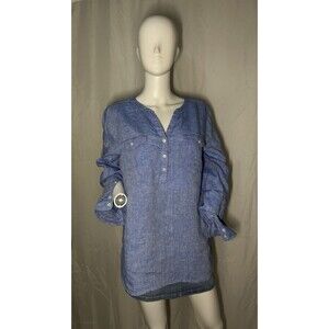 Talbots Women’s 100% Linen Tunic Pullover Size L Large Blue Roll Tab V Neck